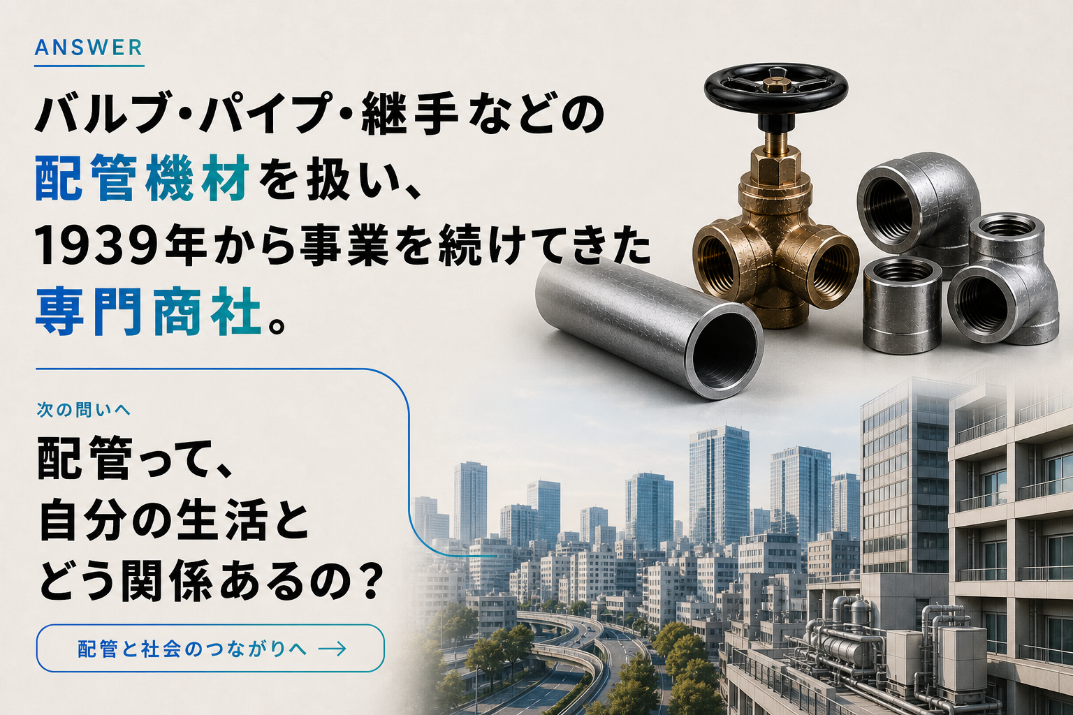配管機材を扱い、1939年から事業を続けてきた専門商社。配管と社会のつながりへ。