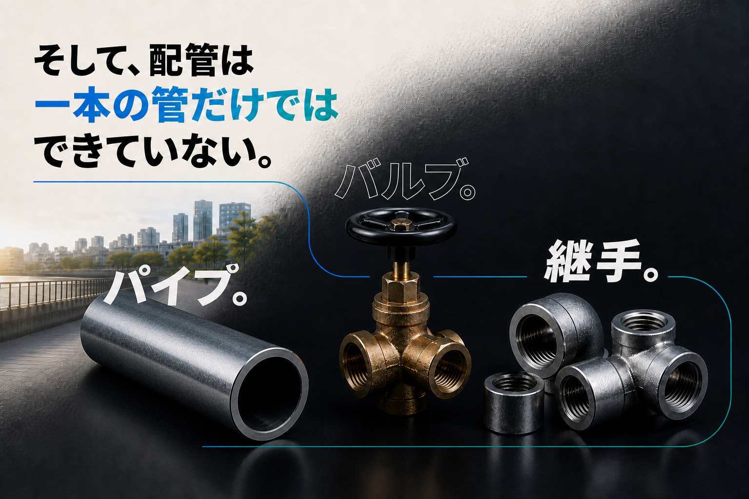 そして、配管は一本の管だけではできていない。パイプ、バルブ、継手。