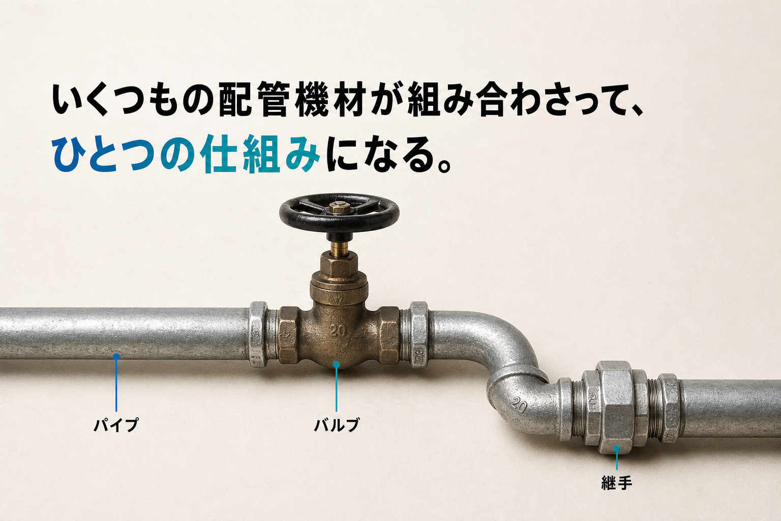 いくつもの配管機材が組み合わさって、ひとつの仕組みになる。パイプ、バルブ、継手。