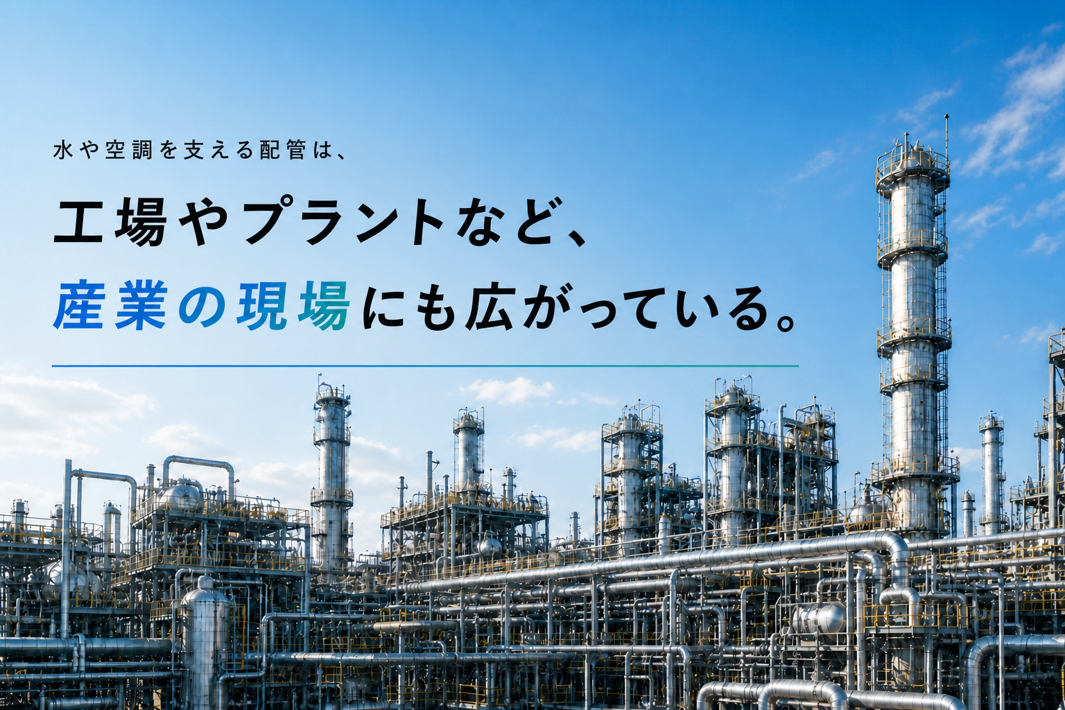 水や空調を支える配管は、工場やプラントなど、産業の現場にも広がっている。