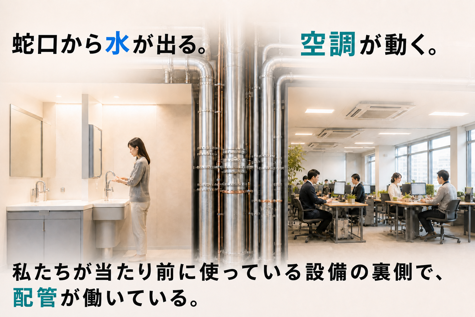 蛇口から水が出る。空調が動く。私たちが当たり前に使っている設備の裏側で、配管が働いている。