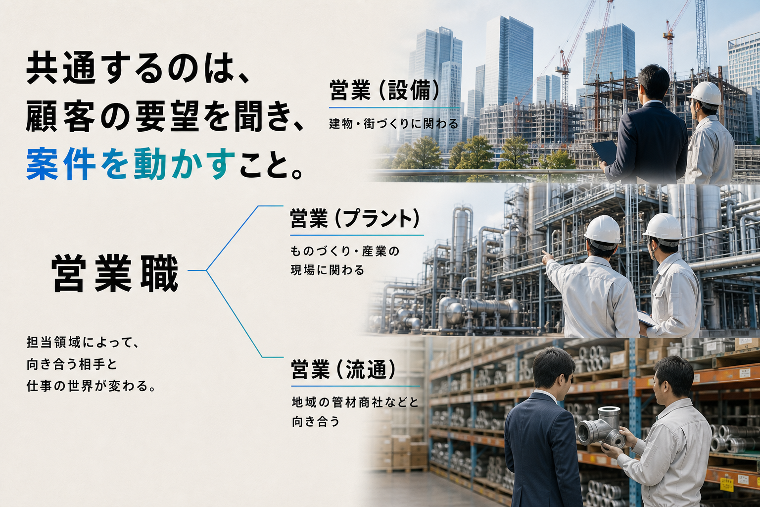 営業職には設備・プラント・流通の三つの担当領域がある。