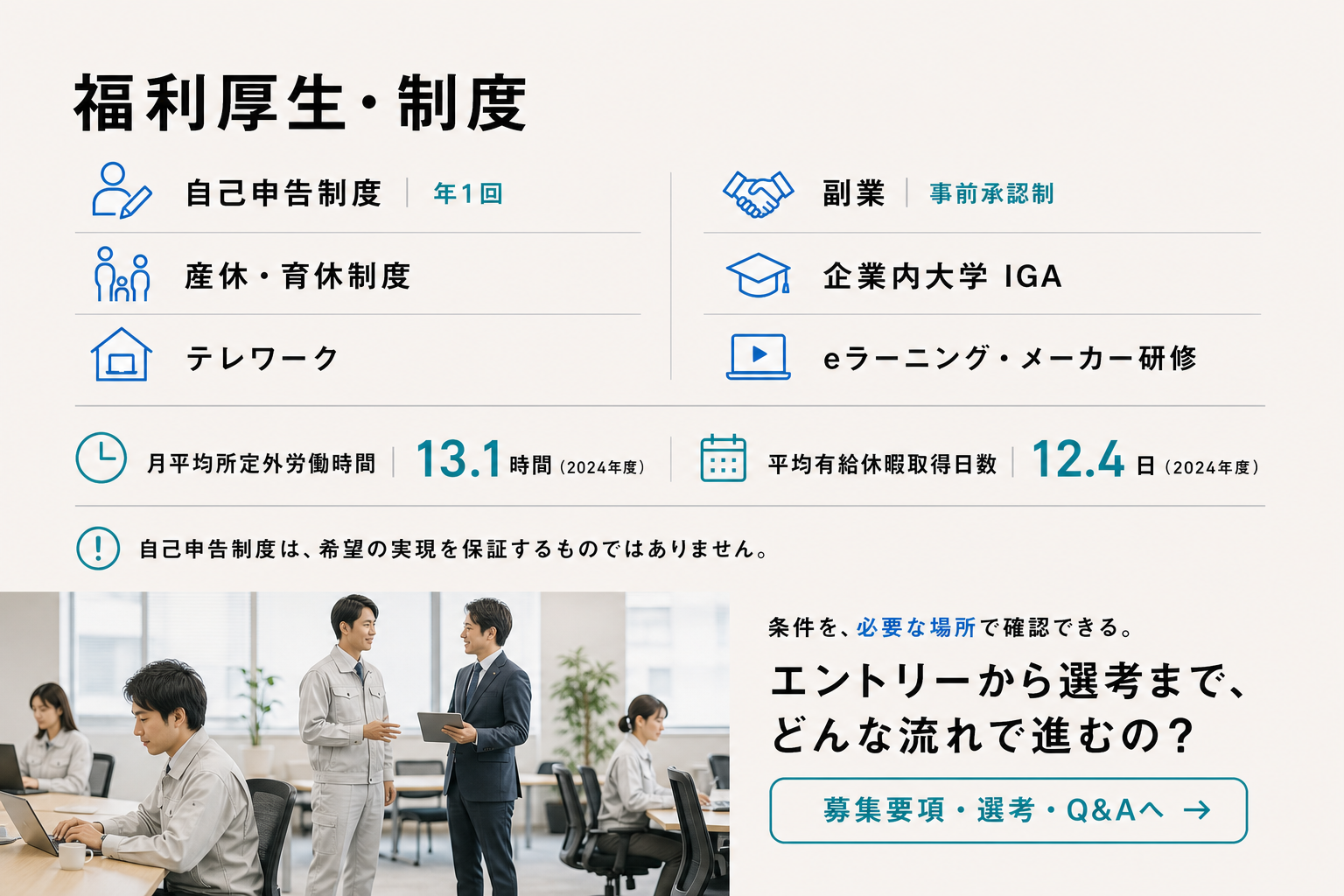 福利厚生と制度。募集要項・選考・Q&Aへ。